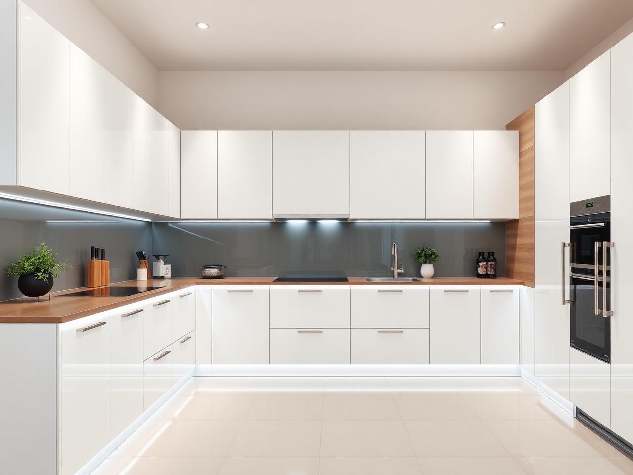 Cuisine équipée blanche et bois avec éclairage LED intégré